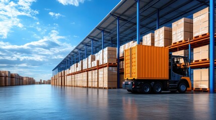 Fototapeta premium Industrial Warehouse with Container and Clear Sky