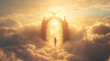 Woman Walking Towards Heavenly Golden Gate