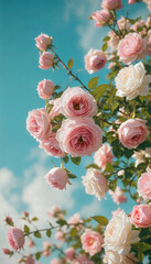 Lush pink and white roses blooming against a bright blue sky, capturing the essence of spring and floral beauty. Perfect for nature lovers.