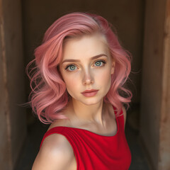 Una linda mujer de pelo rosa y ojos verdes, con un lindo vestido rojo