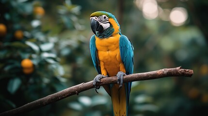 Obraz premium A vibrant blue and yellow macaw perched on a branch amidst a lush green background.