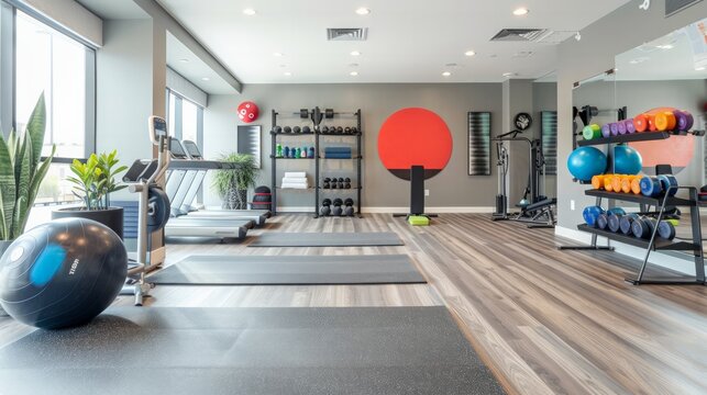 Dynamic workout space for fitness enthusiasts modern gym interior design urban environment wide angle view health and wellness focus