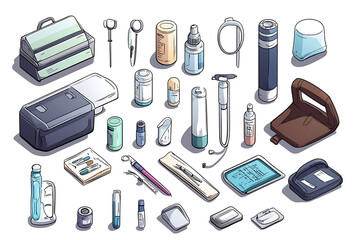 A collection of various medical and health-related items and tools.