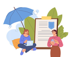 People with insurance document. Financial transactions, protection of life and private property. Safety and security. Deal and contract. Flat vector illustration isolated on white background