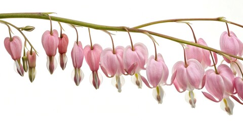 A cluster of pale pink flowers suspended from a thread-like stem creating a sense of movement and flow, pale pink cluster, suspended, spring bouquet, whimsical scene