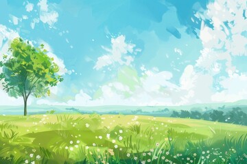 Fototapeta premium A Single Tree in a Field of Wildflowers Under a Blue Sky