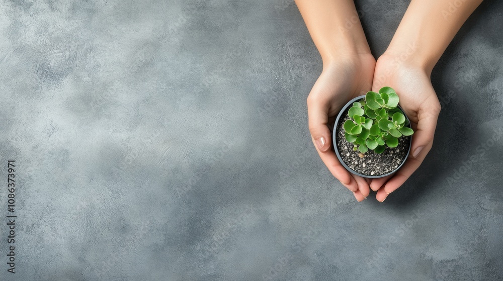 Poster two hands carefully support a small green seedling in a pot, showcasing the nurturing act of plantin