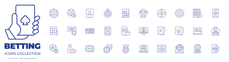 Betting icons collection. Thin Line icons, editable stroke. basketball, bet, bingo, casino chip, fortune wheel, lottery, money bag, money, poker chip, poker table, soccer