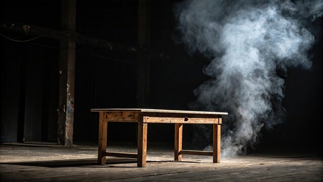 A lone wooden table sits in a void, shrouded in an impenetrable darkness with tendrils of smoke wafting upwards, ominous, mysterious