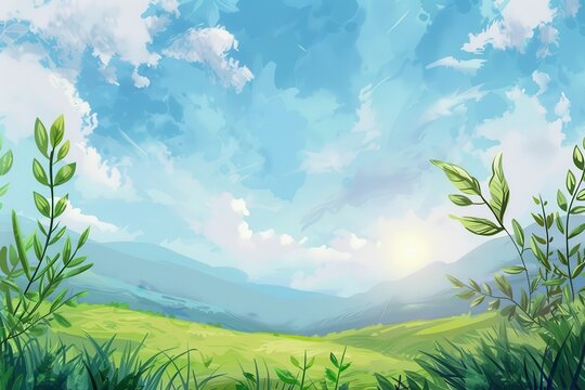 A lush green meadow with rolling hills and a bright blue sky with fluffy clouds.
