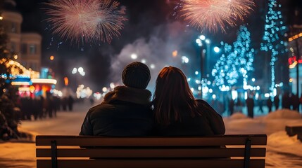 18. A couple sitting on a bench watching fireworks over a New Year is Eve carnival