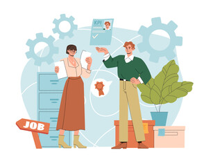 HR manager with job candidate. Woman evaluates mans kpi. Headhunting and recruitment. Hiring to company or organization. Employer with worker. Flat vector illustration isolated on white background