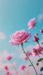 A single pink rose stands tall with a soft blue sky in the background. This image captures the beauty and elegance of nature, perfect for floral-themed designs.
