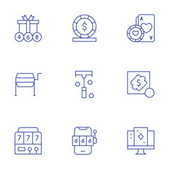 Betting icons set. Thin Line style, editable stroke. gambling, lottery, online casino, poker chips, raffle drum, roulette, slot machine, spin