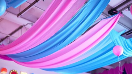 A pink and blue banner hanging from the ceiling at a party, party decorations, pink and blue banner