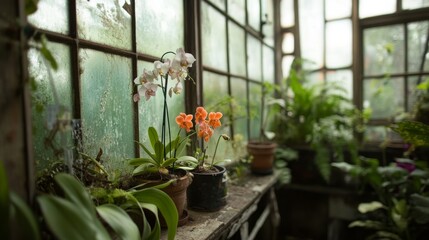 A row of orchids in full bloom in a greenhouse emphasizes the beauty and precision of professional gardening.