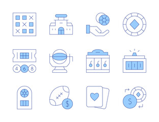 Betting icons. Line Duotone style, editable stroke. bingo, heart, exchange, poker chips, lottery, poker chip, bet, jackpot machine, american football, casino, slot machine
