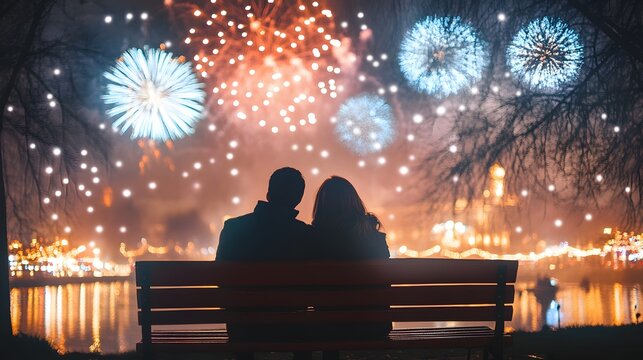 18. A couple sitting on a bench watching fireworks over a New Year is Eve carnival