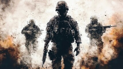Fototapeta premium Dramatic Silhouette of Soldiers Amid Smoke and Dust in an Intense Combat Scene Showcasing Strength, Valor, and Determination in Military Operations and Battlefields