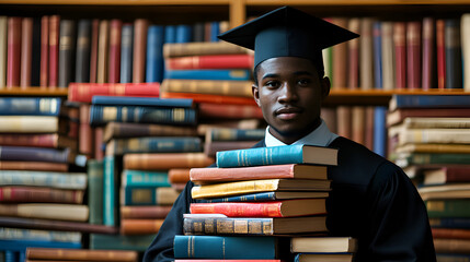 Celebrating Academic Success a Young Man in Cap and Gown in a Library Setting