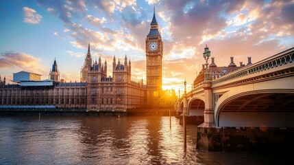 Obraz premium Majestic Sunset Over the Houses of Parliament and Big Ben, Capturing the Beauty of London’s Iconic Architecture and Serene River Thames Reflections