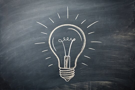 A simple lightbulb drawn in black chalk on a dark gray chalkboard background with a subtle glow effect, minimalism, decorative art, graphic element, simple design