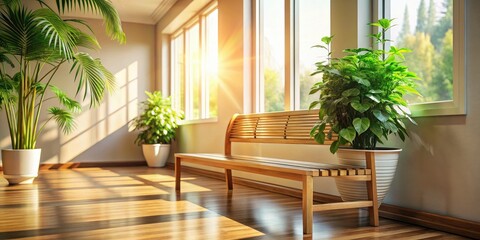 Fototapeta premium Cozy Hallway with Bench and Lush Plant - Serene Interior Space for Relaxation, Natural Light, and Warm Ambiance, Perfect for Home Decor and Tranquil Settings
