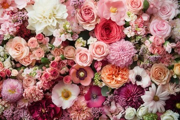 A beautiful floral wall with various pink and white flowers.