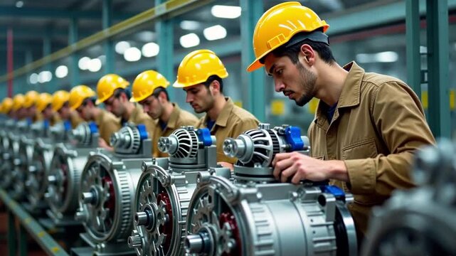 A factory assembly line shows male workers assembling engine parts under bright lights. They are focused on alternators and caps. It's an indoor, horizontal industrial scene.