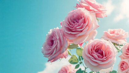 A cluster of blooming pink roses basking in sunlight under a clear blue sky, symbolizing love and beauty, perfect for floral-themed designs and decorations.