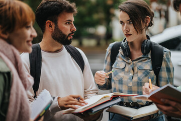 A diverse group of students engaged in a lively discussion outdoors, sharing study notes and ideas, creating a collaborative learning environment.