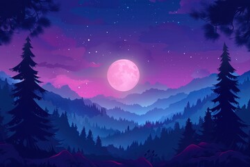 Silhouetted Trees and Mountains with Pink Moon and Stars