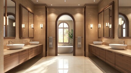 Modern bathroom with wooden cabinets, dual sinks, and arched mirrors, light background. Contemporary home or hotel concept. 3D Rendering 