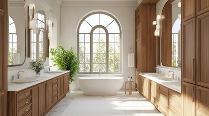 Modern bathroom with wooden cabinets, dual sinks, and arched mirrors, light background. Contemporary home or hotel concept. 3D Rendering 