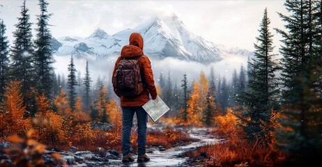 Fototapeta premium Adventurer with Map in Autumn Forest and Snowy Mountains, Capturing the Spirit of Exploration and Nature's Majestic Beauty in a Vibrant Landscape