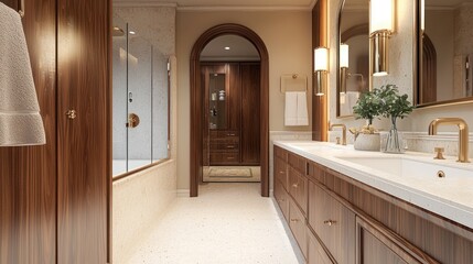 Modern bathroom with wooden cabinets, dual sinks, and arched mirrors, light background. Contemporary home or hotel concept. 3D Rendering 