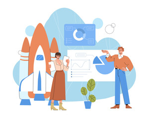 Team working on startup. Man and woman near rocket, graphics and diagrams. Brainstorming, collaboration and cooperation, partnership. People with business idea. Flat vector illustration