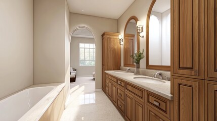 Modern bathroom with wooden cabinets, dual sinks, and arched mirrors, light background. Contemporary home or hotel concept. 3D Rendering 