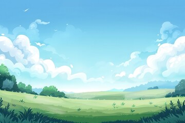Fototapeta premium A Picturesque Meadow Under a Clear Blue Sky with Puffy Clouds