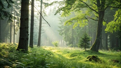 Fototapeta premium Dappled sunlight and soft focus capturing a serene scene in a green forest, forest ambiance, peaceful atmosphere, nature imagery, soft focus photography