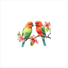 Watercolor lovebirds couple on a branch clipart. love Birds and heart watercolor illustration.