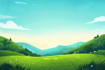Fototapete A Vibrant Meadow Surrounded by Rolling Green Hills and a Bright Blue Sky © VS