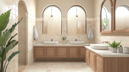 Modern bathroom with wooden cabinets, dual sinks, and arched mirrors, light background. Contemporary home or hotel concept. 3D Rendering 