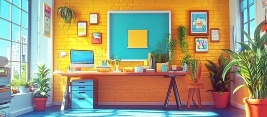 Sunny workspace with desk, computer, plants, and vibrant yellow walls.