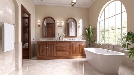 Modern bathroom with wooden cabinets, dual sinks, and arched mirrors, light background. Contemporary home or hotel concept. 3D Rendering 