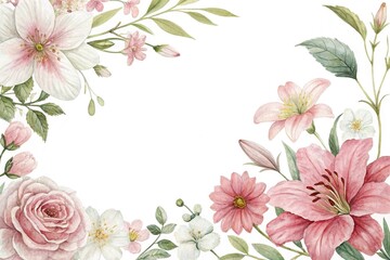 Fototapeta premium Delicate watercolor flowers on a white background, garden, minimalist design, botanical illustration, white background, delicate flowers