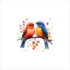 Watercolor lovebirds couple on a branch clipart. love Birds and heart watercolor illustration.
