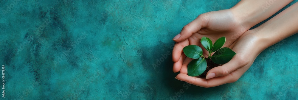 Poster two hands support a small green seedling, symbolizing care and the promise of growth against a seren