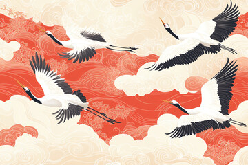 Naklejka premium Seamless repetitive pattern of cranes in mid-flight, with traditional japanese cloud motifs and delicate wave lines.