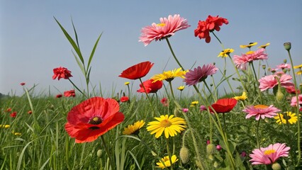 Fototapeta premium A mix of red poppies, yellow daisies, and pink zinnias bursting forth from a lush green grass, flowers, daisies, outdoors, blooming, zinnia